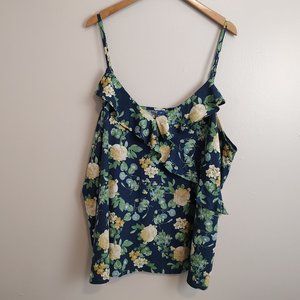 Old Navy Ruffle-Front Camisole Navy Blue With Yellow Flowers 4X NWT